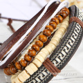 Contas de madeira couro ajustável personalizado pulseiras de couro